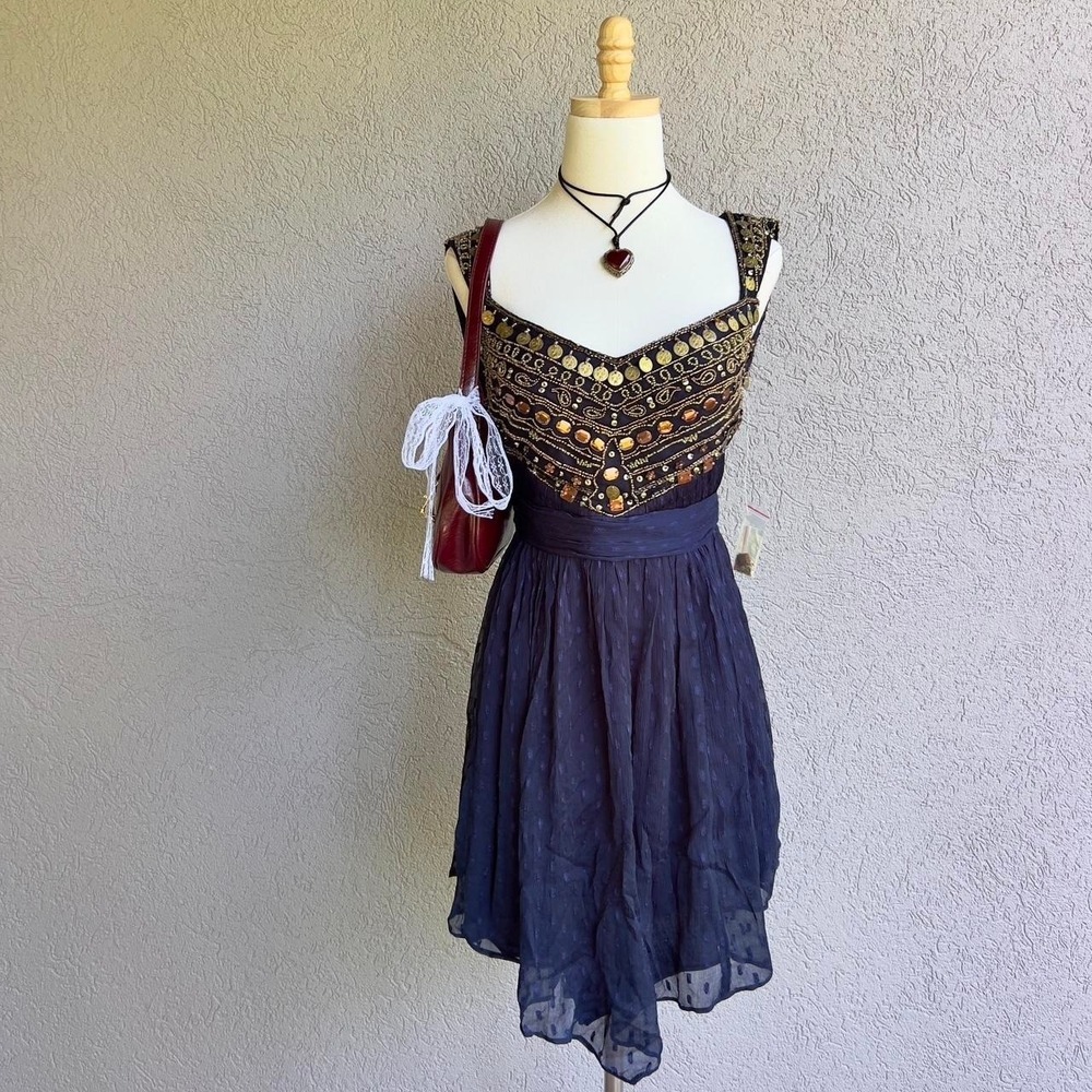 Free People Indigo Blue Coin Embellished Dress Size 6 Beaded $350 Retail